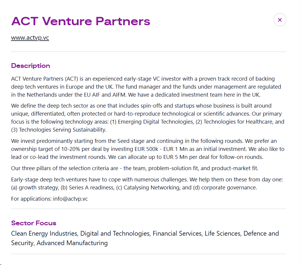An example investor partner profile, showing the partner's description, investment stage and cheque size, and sector focus